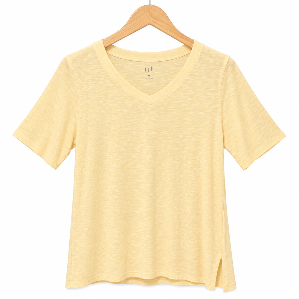 J Jill Elbow Sleeve Tee Womens L Yellow 100% Pima Cotton Slub V-Neck Classic NWT